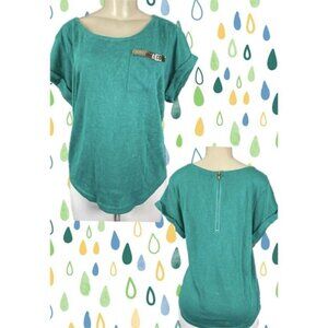 Thena L Green Cotton Scoop Neck Metal Detail Chest Pocket Cuff Short Sleeve Top